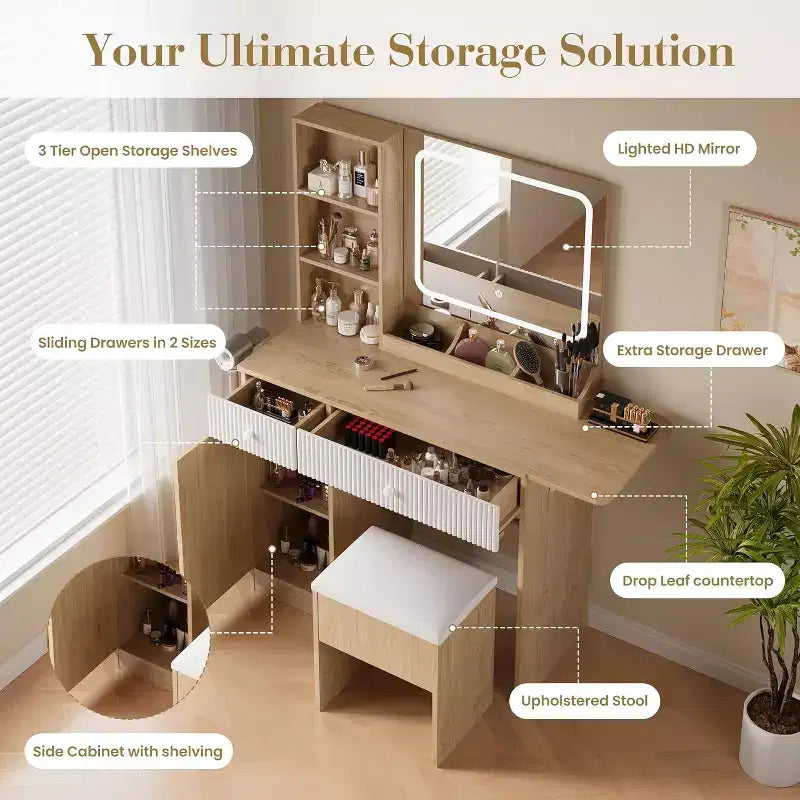 Scrivania trucco (vanity desk) bianca/marrone naturale/rosa con specchio LED, cassetti e stazione di ricarica – 1 persona