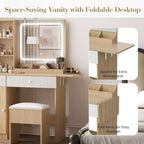 Scrivania trucco (vanity desk) bianca/marrone naturale/rosa con specchio LED, cassetti e stazione di ricarica – 1 persona