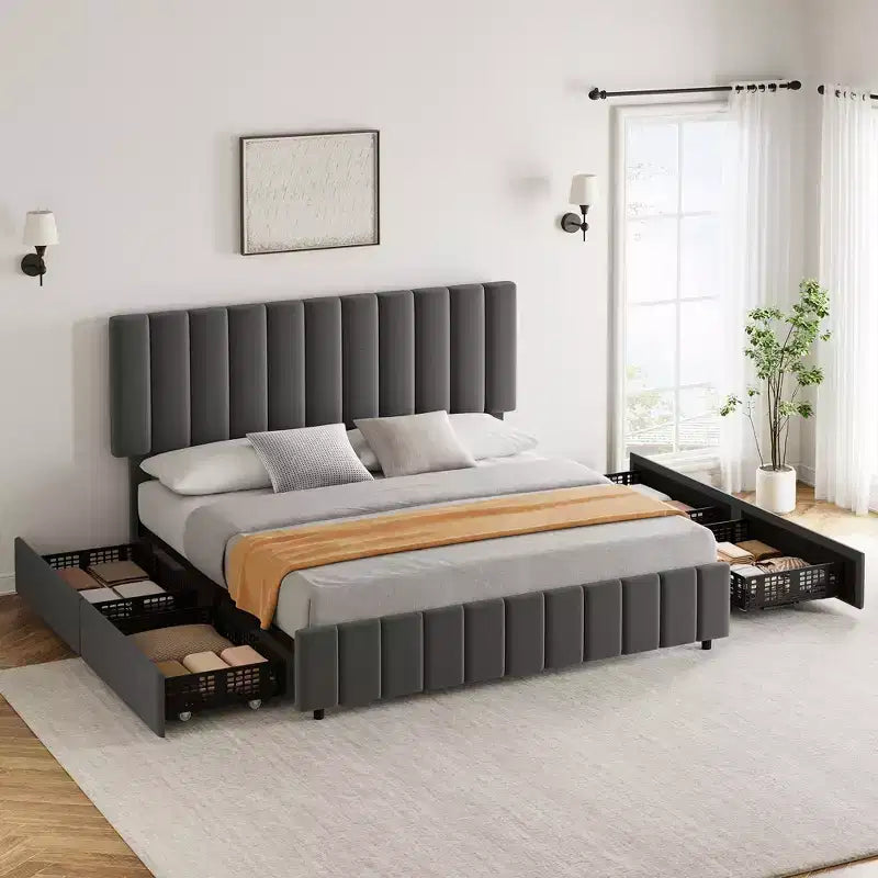 Letto imbottito con base a cassetti e testiera regolabile – Nero / Grigio / Bianco, Matrimoniale francese / Queen / King