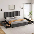 Letto imbottito con base a cassetti e testiera regolabile – Nero / Grigio / Bianco, Matrimoniale francese / Queen / King