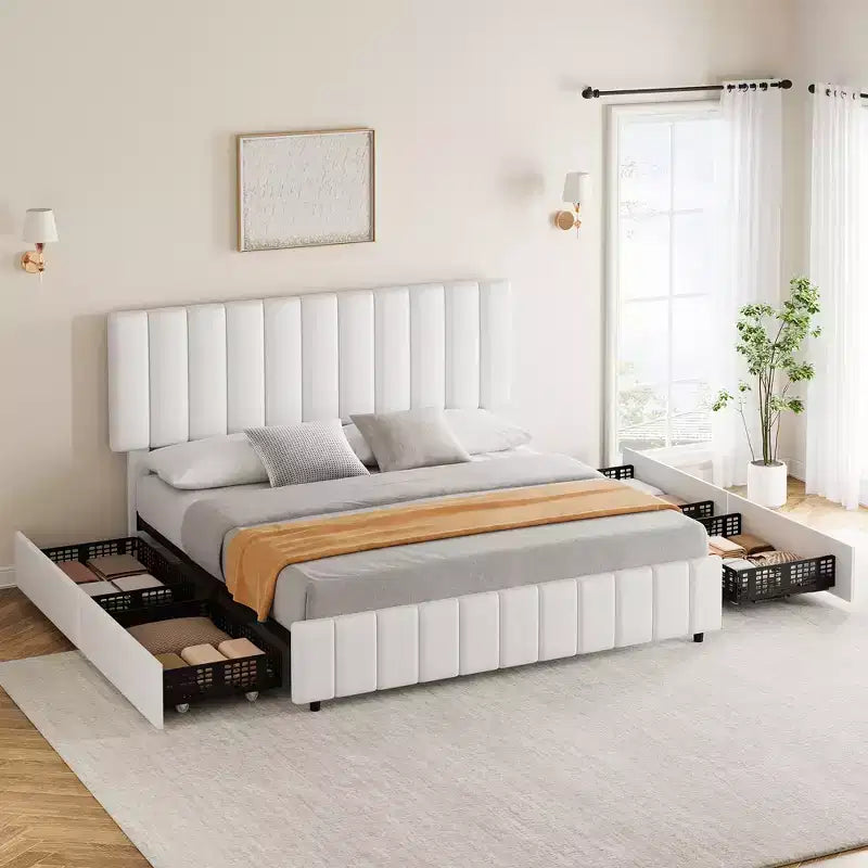 Letto imbottito con base a cassetti e testiera regolabile – Nero / Grigio / Bianco, Matrimoniale francese / Queen / King