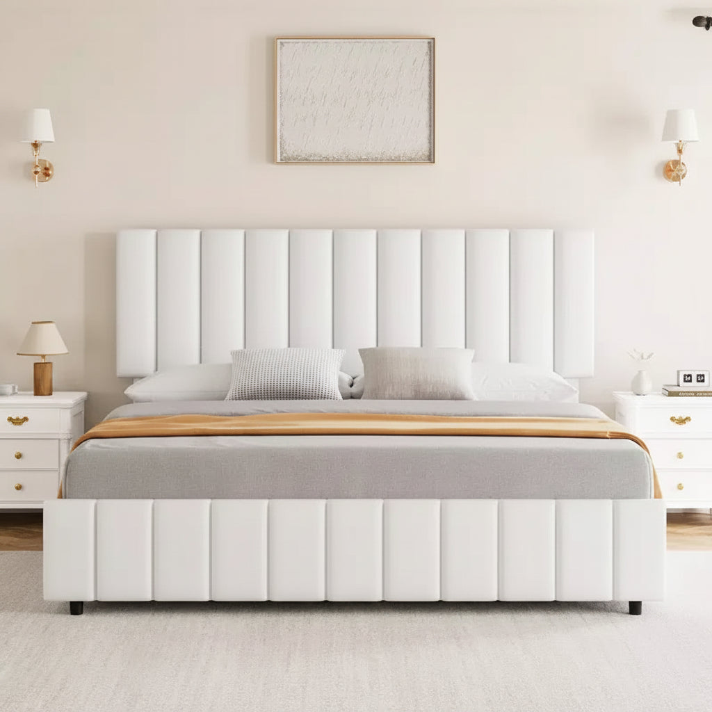 Letto imbottito con base a cassetti e testiera regolabile – Nero / Grigio / Bianco, Matrimoniale francese / Queen / King