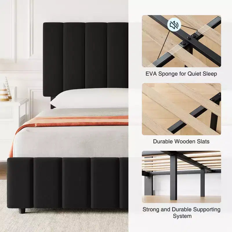 Letto imbottito con base a cassetti e testiera regolabile – Nero / Grigio / Bianco, Matrimoniale francese / Queen / King