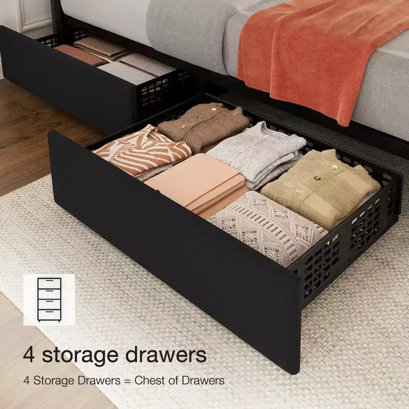 Letto imbottito con base a cassetti e testiera regolabile – Nero / Grigio / Bianco, Matrimoniale francese / Queen / King