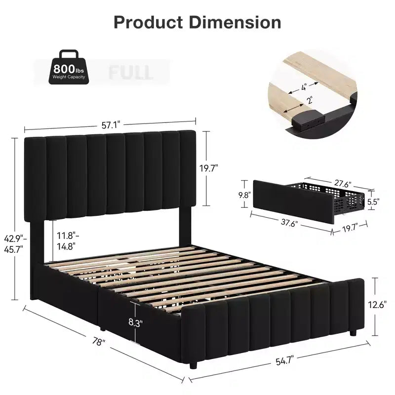 Letto imbottito con base a cassetti e testiera regolabile – Nero / Grigio / Bianco, Matrimoniale francese / Queen / King