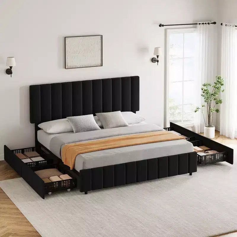 Letto imbottito con base a cassetti e testiera regolabile – Nero / Grigio / Bianco, Matrimoniale francese / Queen / King