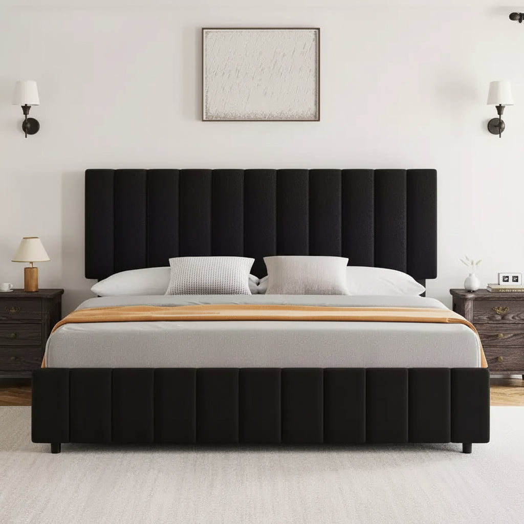 Letto imbottito con base a cassetti e testiera regolabile – Nero / Grigio / Bianco, Matrimoniale francese / Queen / King