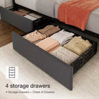 Letto imbottito con base a cassetti e testiera regolabile – Nero / Grigio / Bianco, Matrimoniale francese / Queen / King