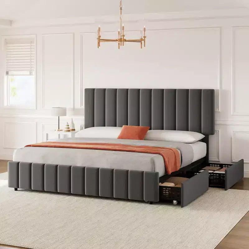 Letto imbottito con base a cassetti e testiera regolabile – Nero / Grigio / Bianco, Matrimoniale francese / Queen / King
