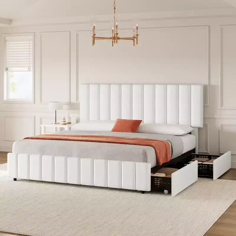 Letto imbottito con base a cassetti e testiera regolabile – Nero / Grigio / Bianco, Matrimoniale francese / Queen / King