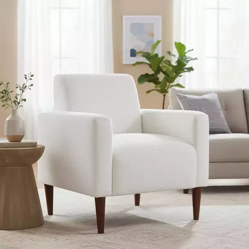 Homy Casa Textured Fabric Accent Chair with Wood Legs, Living Room Armchair, White