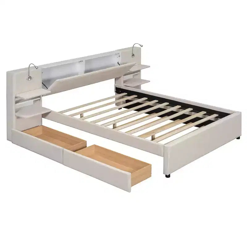 Letto matrimoniale imbottito in lino beige/grigio con luci da lettura, cassetti portaoggetti e letto estraibile, per 2 persone