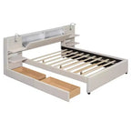 Letto matrimoniale imbottito in lino beige/grigio con luci da lettura, cassetti portaoggetti e letto estraibile, per 2 persone