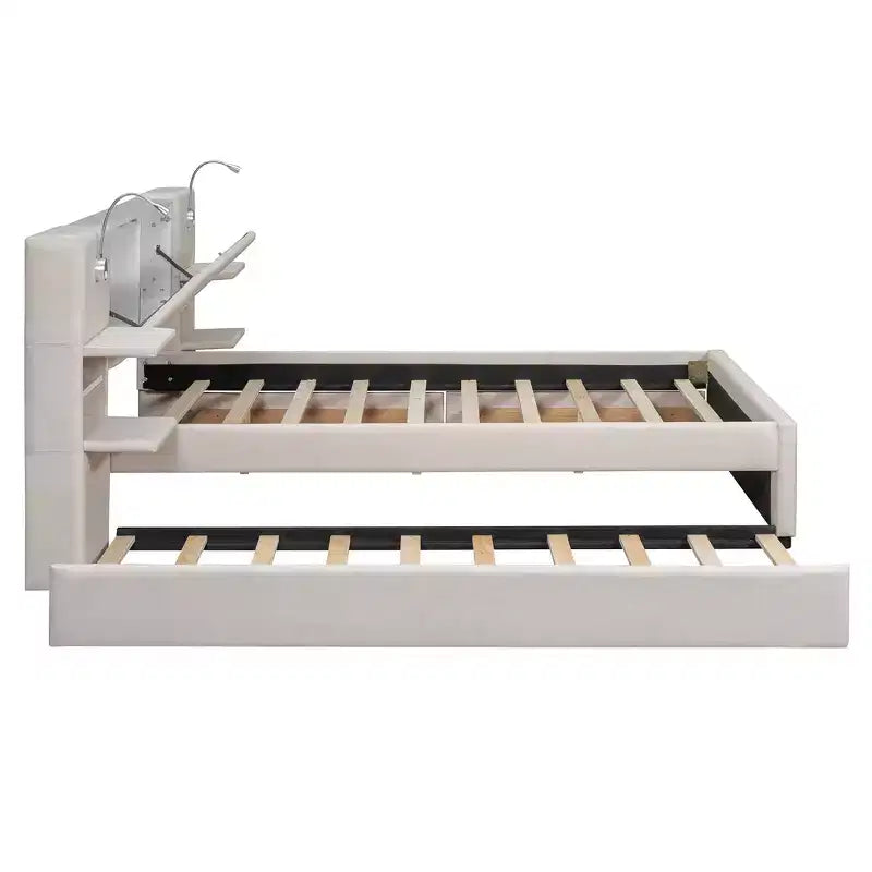 Letto matrimoniale imbottito in lino beige/grigio con luci da lettura, cassetti portaoggetti e letto estraibile, per 2 persone