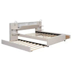 Letto matrimoniale imbottito in lino beige/grigio con luci da lettura, cassetti portaoggetti e letto estraibile, per 2 persone