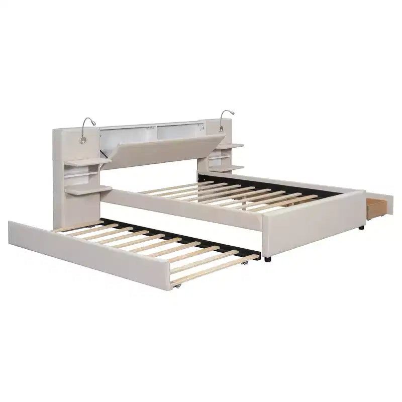 Letto matrimoniale imbottito in lino beige/grigio con luci da lettura, cassetti portaoggetti e letto estraibile, per 2 persone
