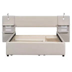 Letto matrimoniale imbottito in lino beige/grigio con luci da lettura, cassetti portaoggetti e letto estraibile, per 2 persone