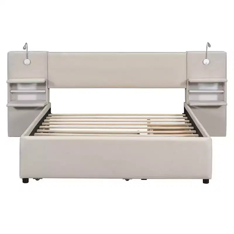 Letto matrimoniale imbottito in lino beige/grigio con luci da lettura, cassetti portaoggetti e letto estraibile, per 2 persone