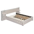 Letto matrimoniale imbottito in lino beige/grigio con luci da lettura, cassetti portaoggetti e letto estraibile, per 2 persone