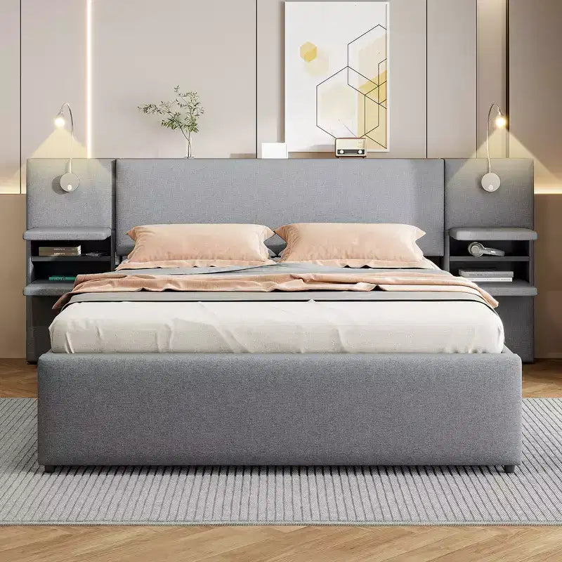 Letto matrimoniale imbottito in lino beige/grigio con luci da lettura, cassetti portaoggetti e letto estraibile, per 2 persone