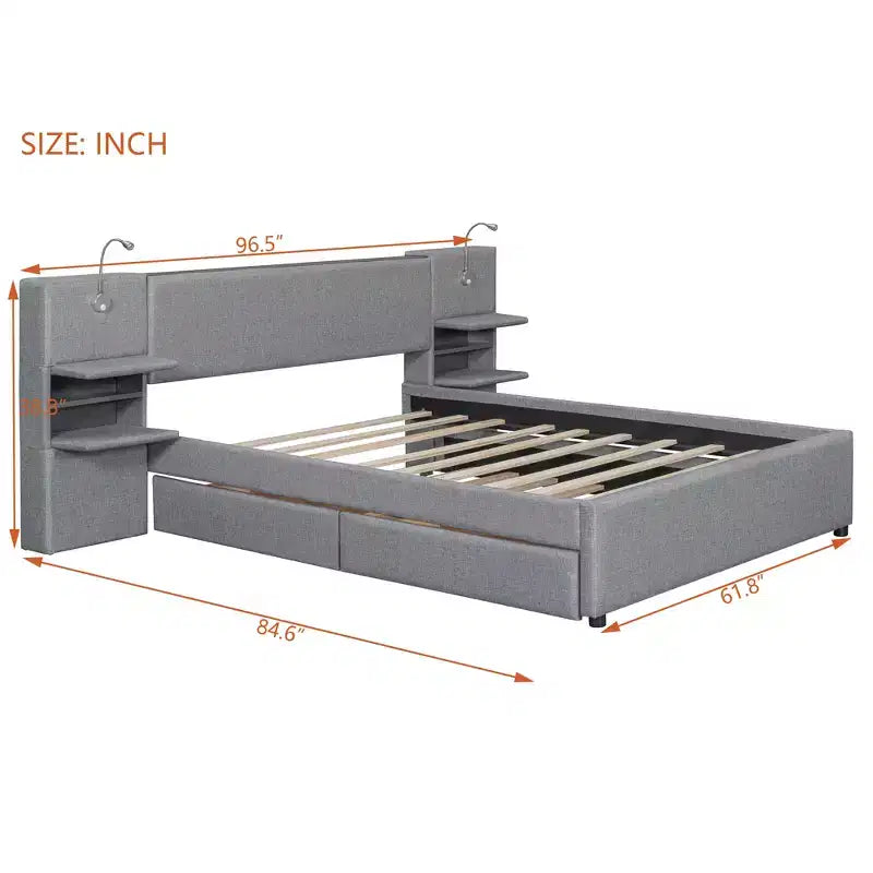 Letto matrimoniale imbottito in lino beige/grigio con luci da lettura, cassetti portaoggetti e letto estraibile, per 2 persone
