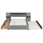 Letto matrimoniale imbottito in lino beige/grigio con luci da lettura, cassetti portaoggetti e letto estraibile, per 2 persone