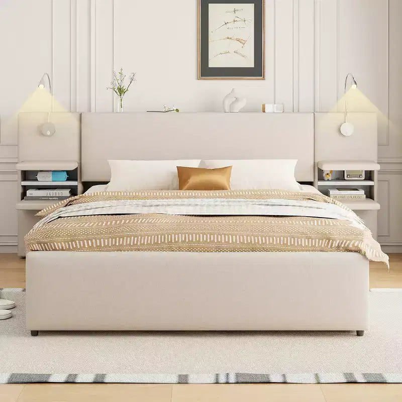 Letto matrimoniale imbottito in lino beige/grigio con luci da lettura, cassetti portaoggetti e letto estraibile, per 2 persone