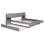 Letto matrimoniale imbottito in lino beige/grigio con luci da lettura, cassetti portaoggetti e letto estraibile, per 2 persone