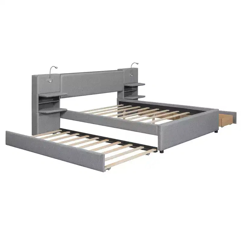 Letto matrimoniale imbottito in lino beige/grigio con luci da lettura, cassetti portaoggetti e letto estraibile, per 2 persone
