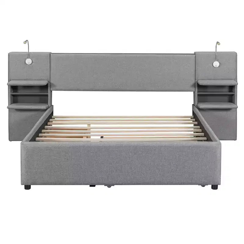 Letto matrimoniale imbottito in lino beige/grigio con luci da lettura, cassetti portaoggetti e letto estraibile, per 2 persone
