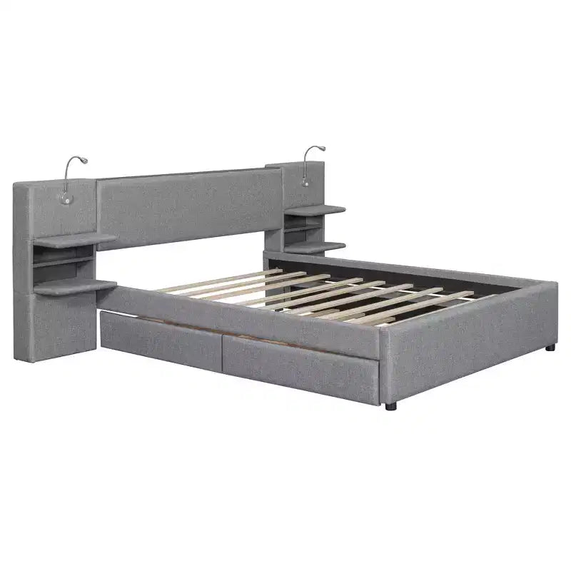 Letto matrimoniale imbottito in lino beige/grigio con luci da lettura, cassetti portaoggetti e letto estraibile, per 2 persone