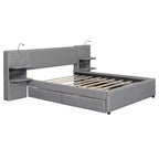 Letto matrimoniale imbottito in lino beige/grigio con luci da lettura, cassetti portaoggetti e letto estraibile, per 2 persone