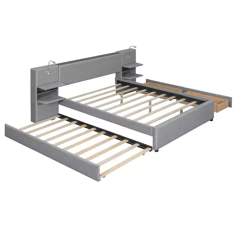 Letto matrimoniale imbottito in lino beige/grigio con luci da lettura, cassetti portaoggetti e letto estraibile, per 2 persone