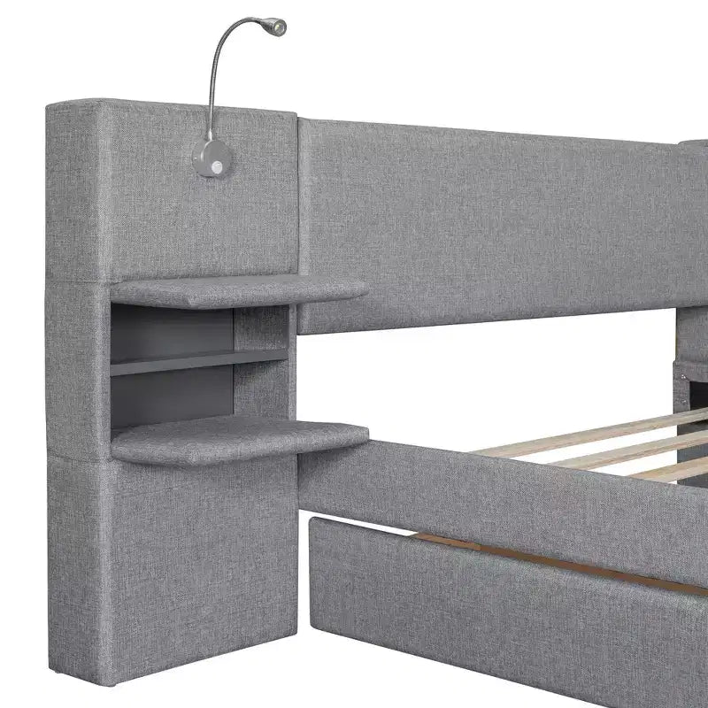 Letto matrimoniale imbottito in lino beige/grigio con luci da lettura, cassetti portaoggetti e letto estraibile, per 2 persone