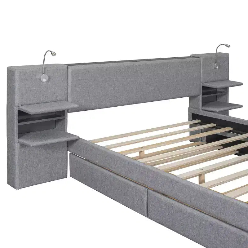 Letto matrimoniale imbottito in lino beige/grigio con luci da lettura, cassetti portaoggetti e letto estraibile, per 2 persone