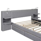 Letto matrimoniale imbottito in lino beige/grigio con luci da lettura, cassetti portaoggetti e letto estraibile, per 2 persone