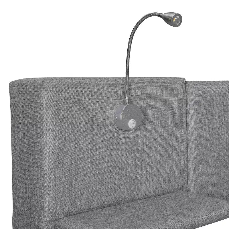 Letto matrimoniale imbottito in lino beige/grigio con luci da lettura, cassetti portaoggetti e letto estraibile, per 2 persone