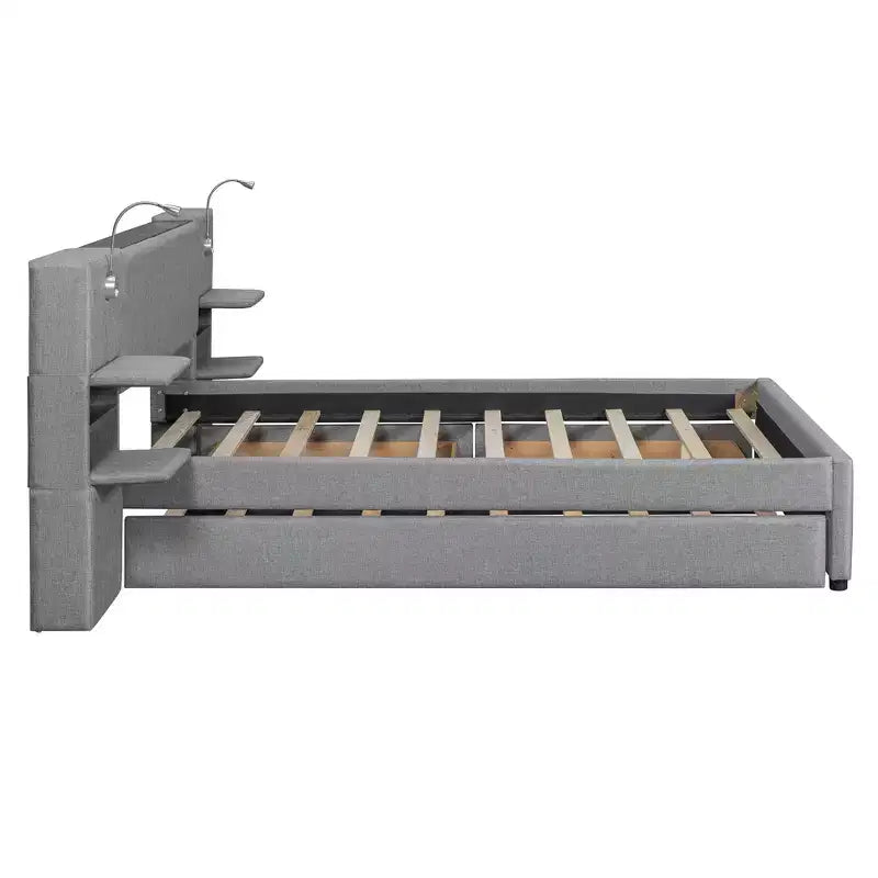 Letto matrimoniale imbottito in lino beige/grigio con luci da lettura, cassetti portaoggetti e letto estraibile, per 2 persone