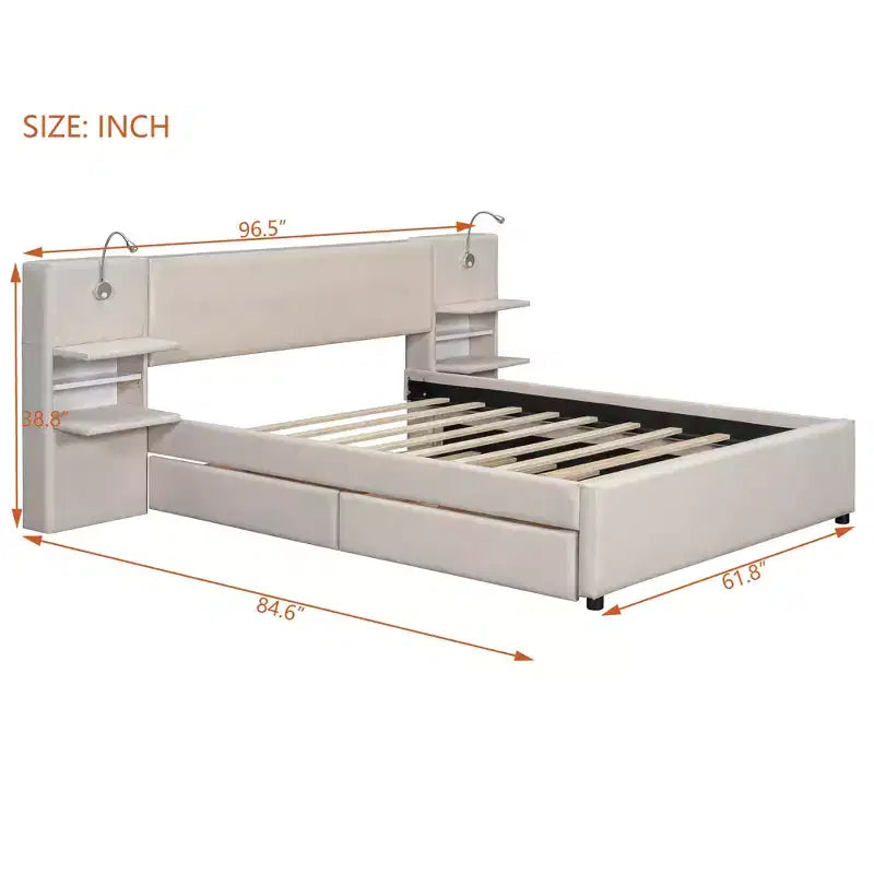 Letto matrimoniale imbottito in lino beige/grigio con luci da lettura, cassetti portaoggetti e letto estraibile, per 2 persone