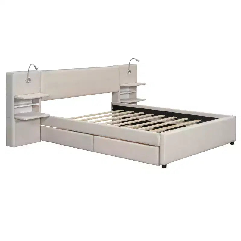 Letto matrimoniale imbottito in lino beige/grigio con luci da lettura, cassetti portaoggetti e letto estraibile, per 2 persone