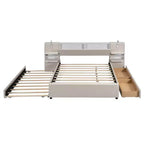 Letto matrimoniale imbottito in lino beige/grigio con luci da lettura, cassetti portaoggetti e letto estraibile, per 2 persone