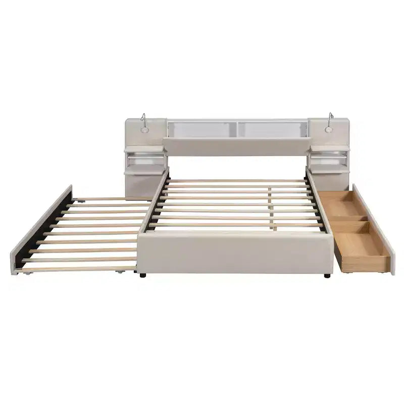 Letto matrimoniale imbottito in lino beige/grigio con luci da lettura, cassetti portaoggetti e letto estraibile, per 2 persone