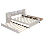 Letto matrimoniale imbottito in lino beige/grigio con luci da lettura, cassetti portaoggetti e letto estraibile, per 2 persone