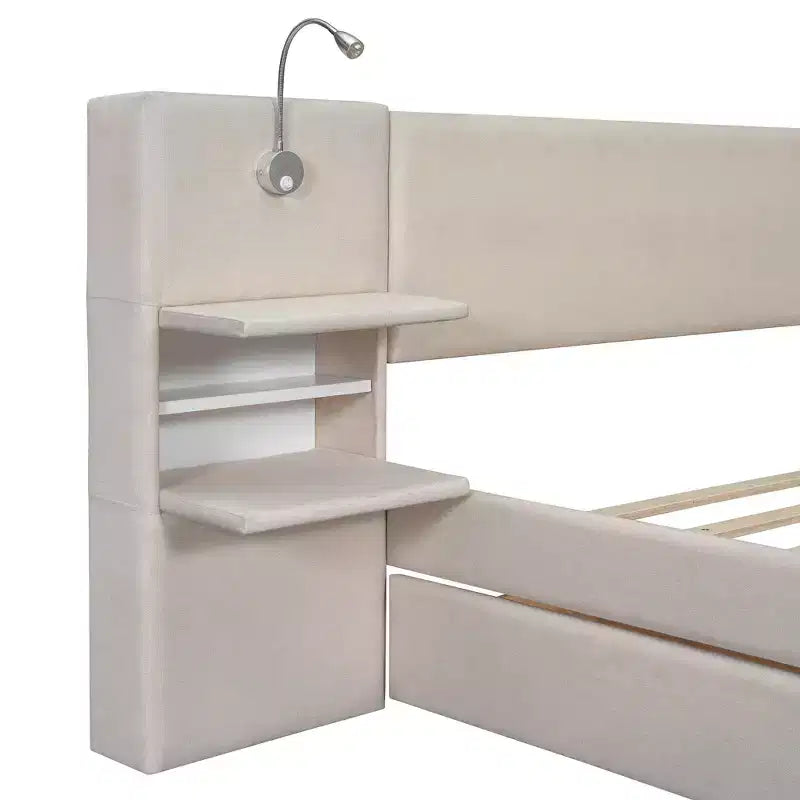 Letto matrimoniale imbottito in lino beige/grigio con luci da lettura, cassetti portaoggetti e letto estraibile, per 2 persone