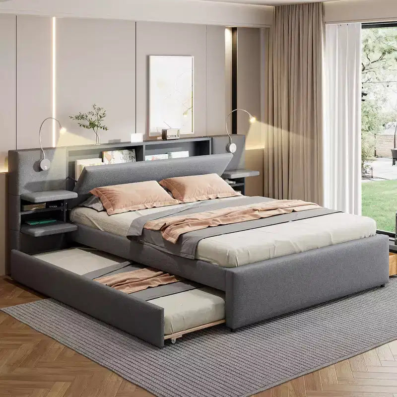 Letto matrimoniale imbottito in lino beige/grigio con luci da lettura, cassetti portaoggetti e letto estraibile, per 2 persone