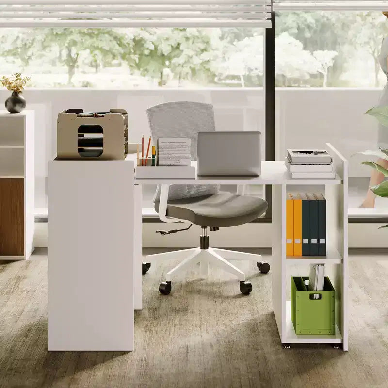 Scrivania Pieghevole in Legno con Libreria e Ruote, 1 Persona, Legno Naturale