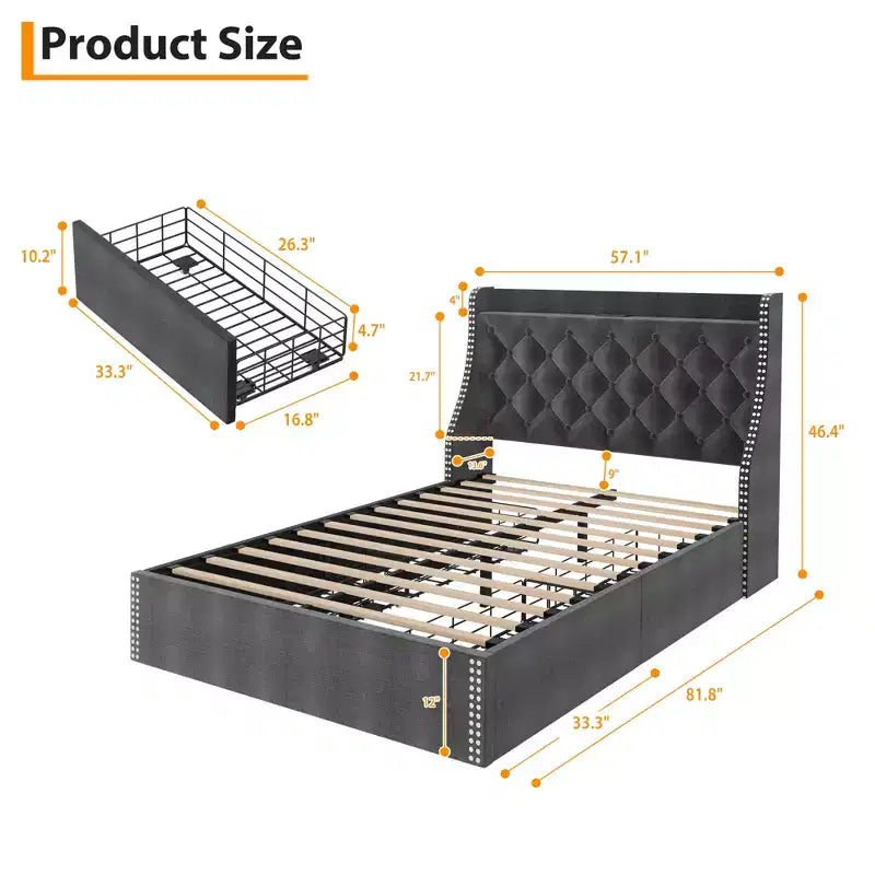 Struttura letto con testiera ad alette con bottoni, imbottita, con 4 cassetti contenitore, matrimoniale/queen, nero/grigio
