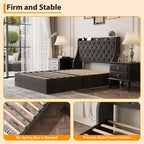 Struttura letto con testiera ad alette con bottoni, imbottita, con 4 cassetti contenitore, matrimoniale/queen, nero/grigio