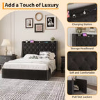 Struttura letto con testiera ad alette con bottoni, imbottita, con 4 cassetti contenitore, matrimoniale/queen, nero/grigio