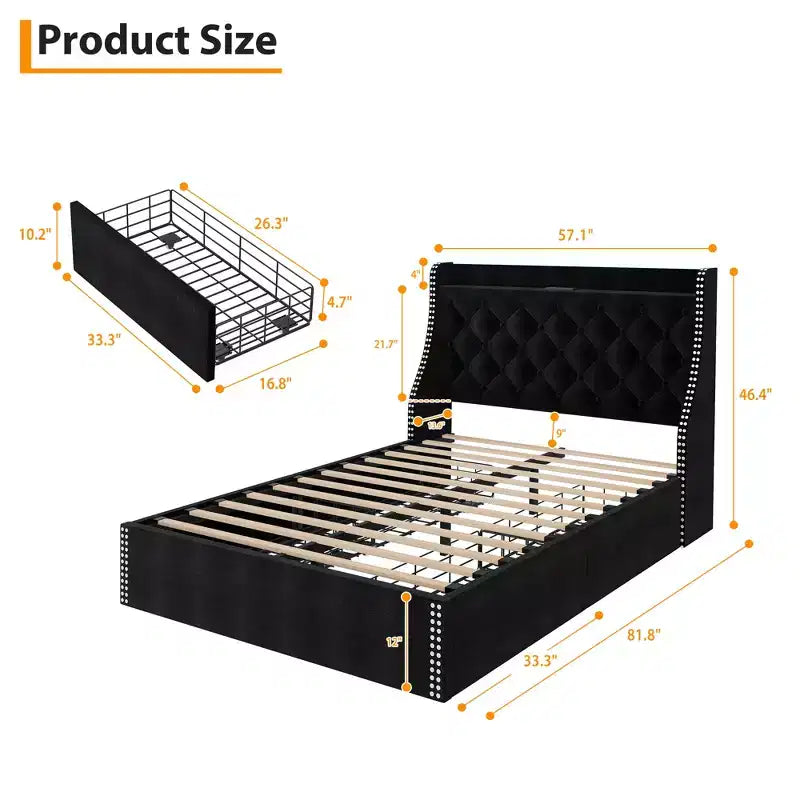 Struttura letto con testiera ad alette con bottoni, imbottita, con 4 cassetti contenitore, matrimoniale/queen, nero/grigio
